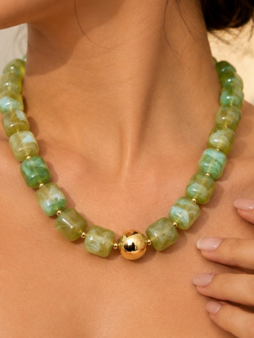 Green Beaded Gold Accent Necklace - Women's Jewelry